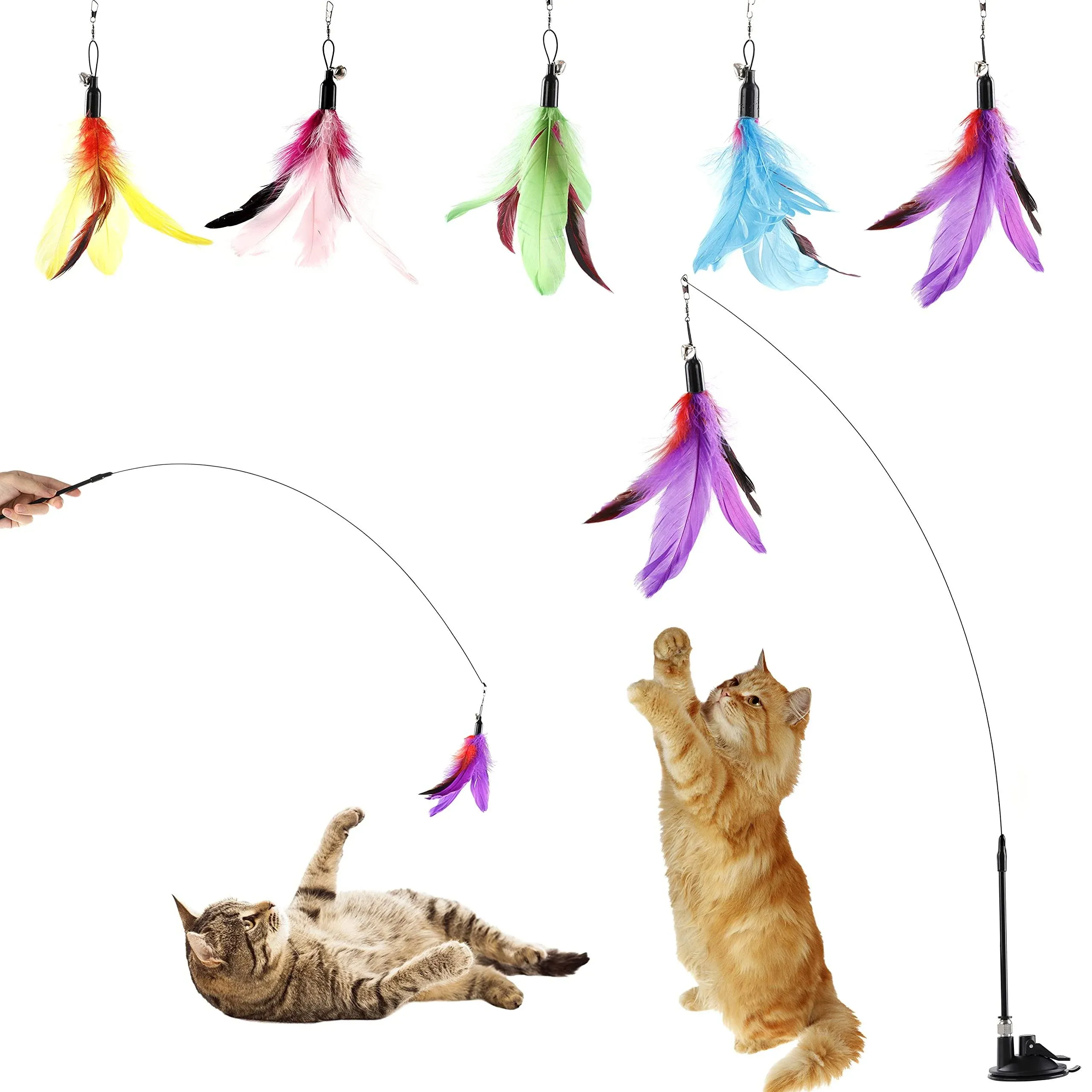 Cat Feather Toys Interactive Cats - Dorakitten Cat Powerful Suction Cup Handheld Teaser Wand Toy and 5PCS Replacement Feather with Bell for Kitty Kitten Scratching Exercise Indoor