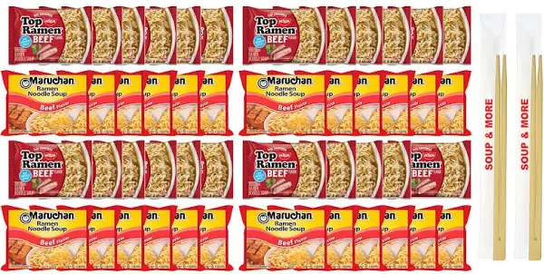 Maruchan Ramen Instant Beef Flavor Soup 24 Noodles Packs & 24 Nissin Packs Beef Noodles Flavor Lunch / Dinner Variety, 48 Count, 2 Flavors