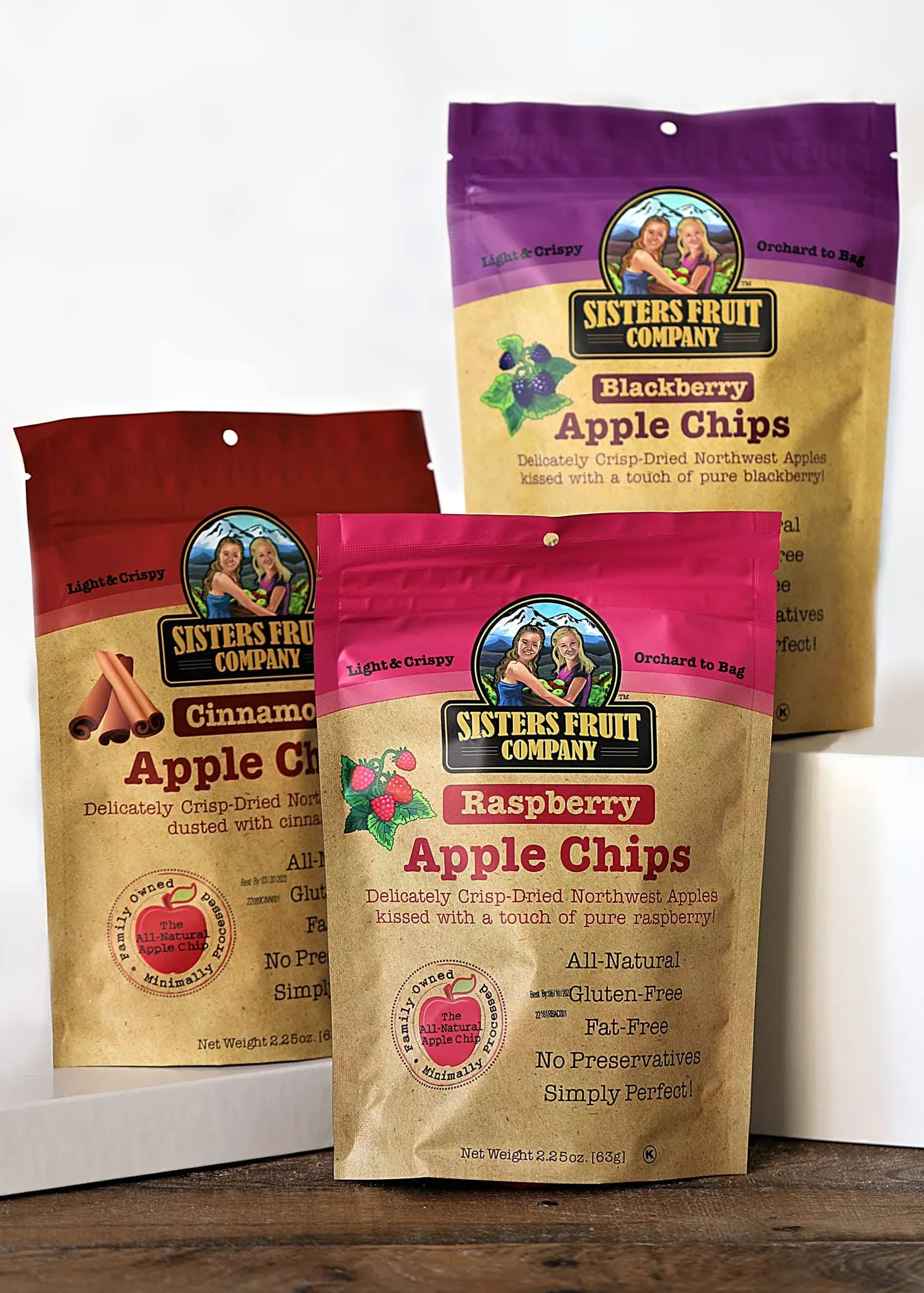 Sisters Fruit Company, TRIO, Apple Chips, All Natural, Gluten-Free, Fat-Free (Contains THREE 2.25 OZ BAGS)