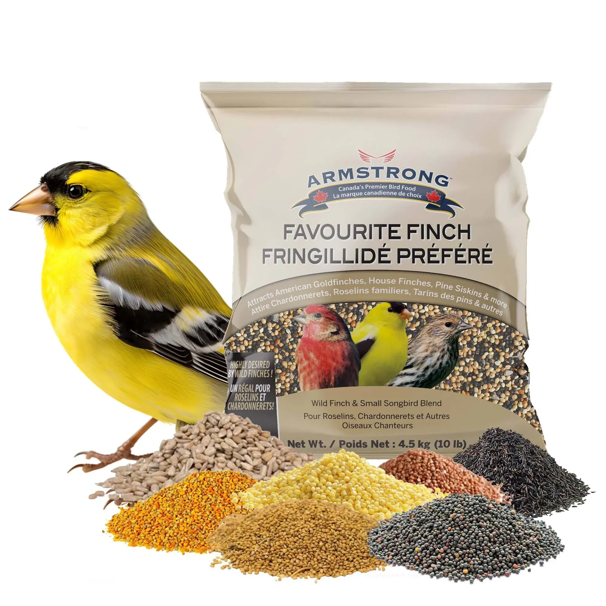 Armstrong Wild Bird Food Favourite Finch Bird Seed Blend, 5 Pounds - with White Millet, Canola, Nyjer and Sunflower Kernel Chips for American Goldfinches, House Finches & Songbirds for Outside Feeders