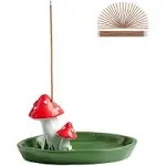 Cute Mushroom Incense Holder with 30 Incense Sticks, Handmade Resin Burner, Nature Theme Incense Tray, Adorable Home Decoration Accessories(Green)