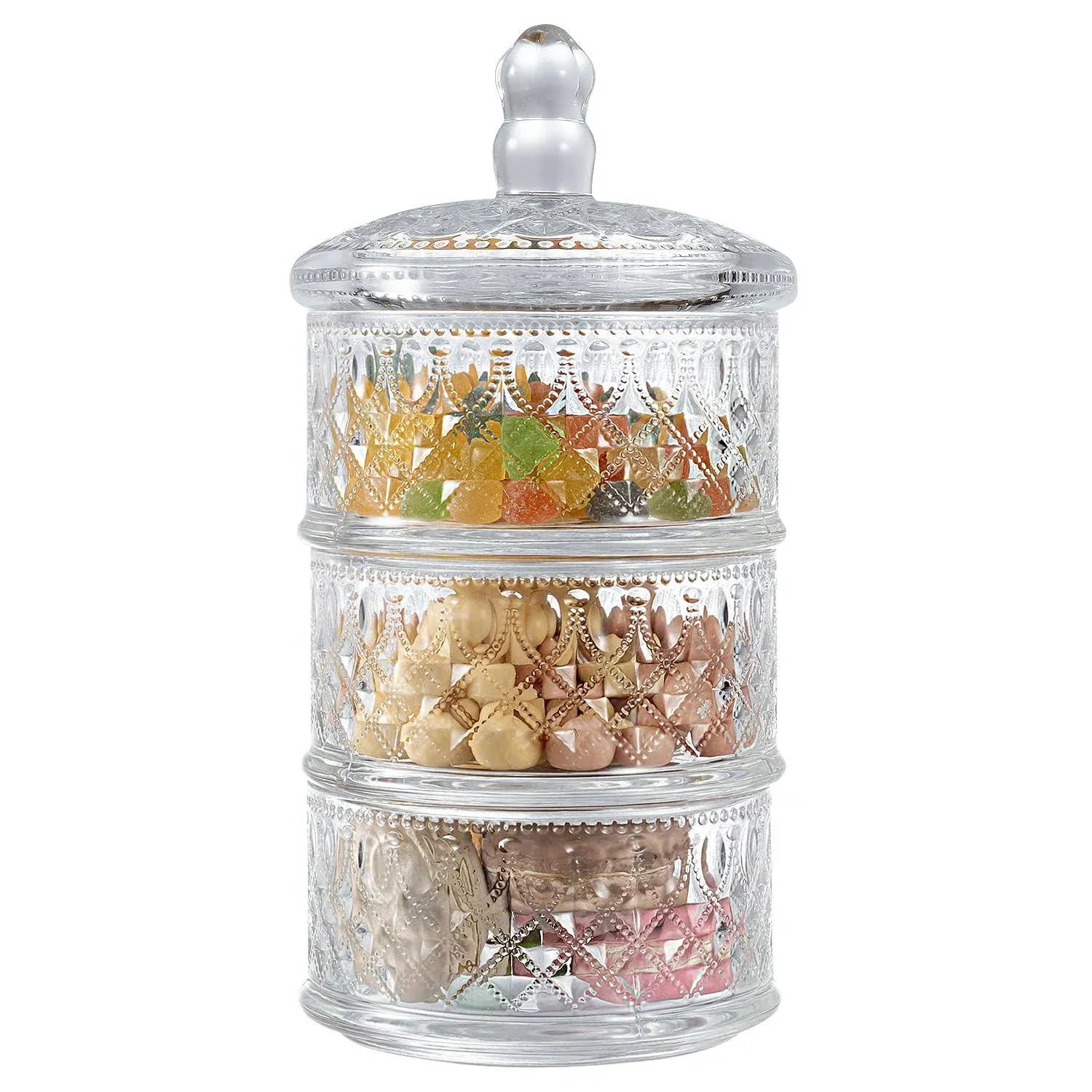 3 Tier Clear Glass Stacking Storage Container w/ Lid, Decorative Apothecary Jar