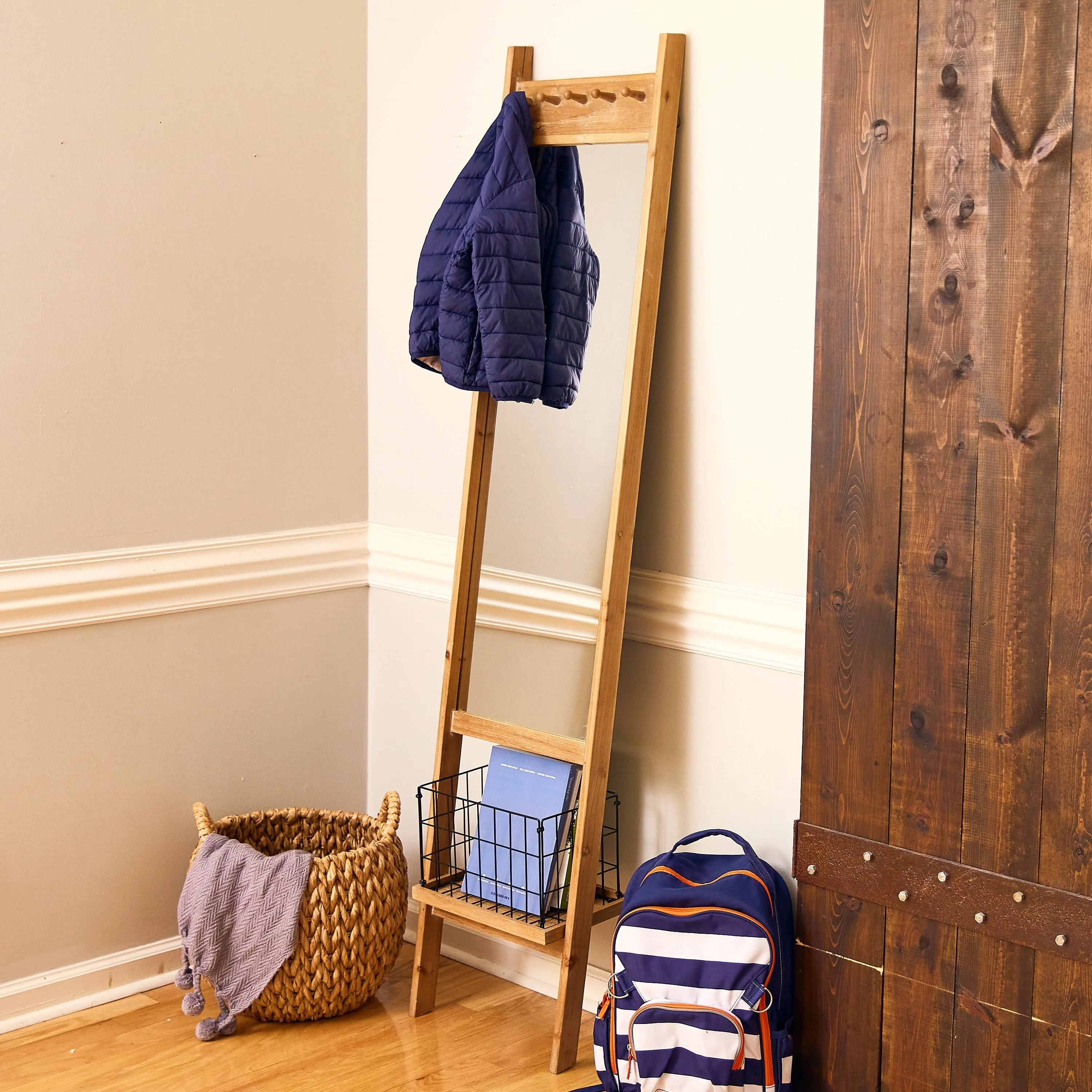 Woven Paths Wood Floor Mirror with Metal Basket and Hooks