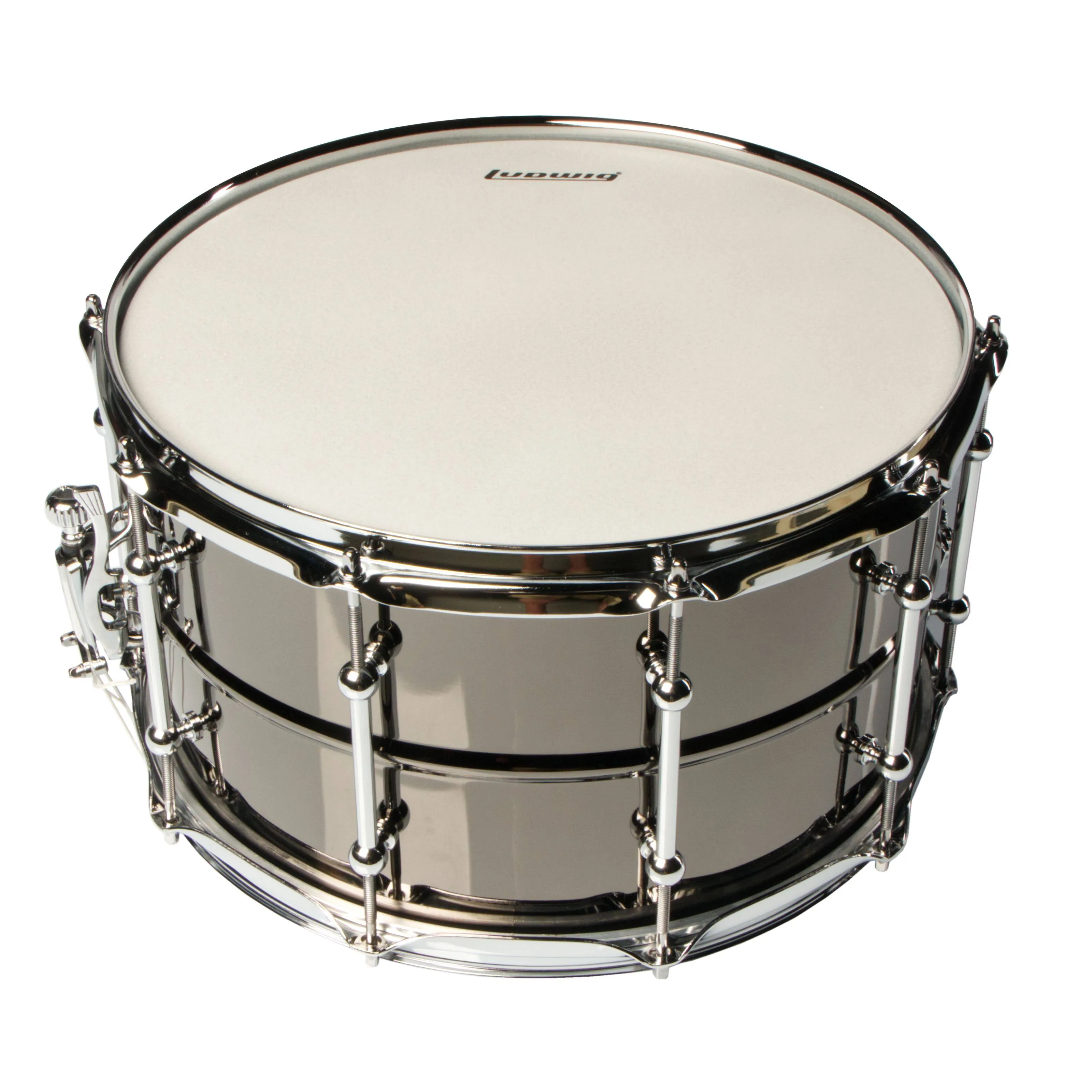 Ludwig LU0814C Universal Brass Snare Drum, Black Nickel with Chrome Hoops, 8"x 14"