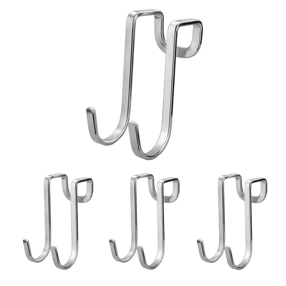 4 Pack Over Cabinet Drawer Double Hooks, Stainless Steel Multiple Use Narrow Door Hook for Kitchen, Bathroom, Wardrobe Door, Fit for Door Gaps Larger Than 1/8inch After Closing