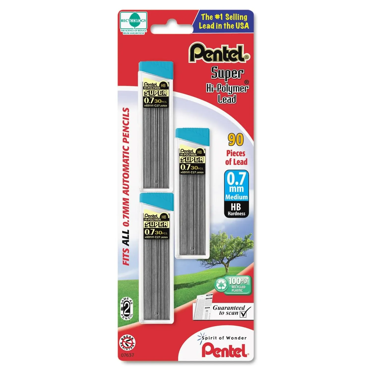 Pentel C27BPHB3K6 Super Hi-Polymer Lead Refills, 0.7mm, HB, Black (180)