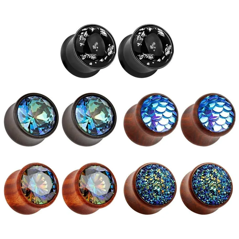 TBOSEN 5 Pairs Gauge Wood Tunnels Earrings Zircon Stone Body Jewelry Set ...