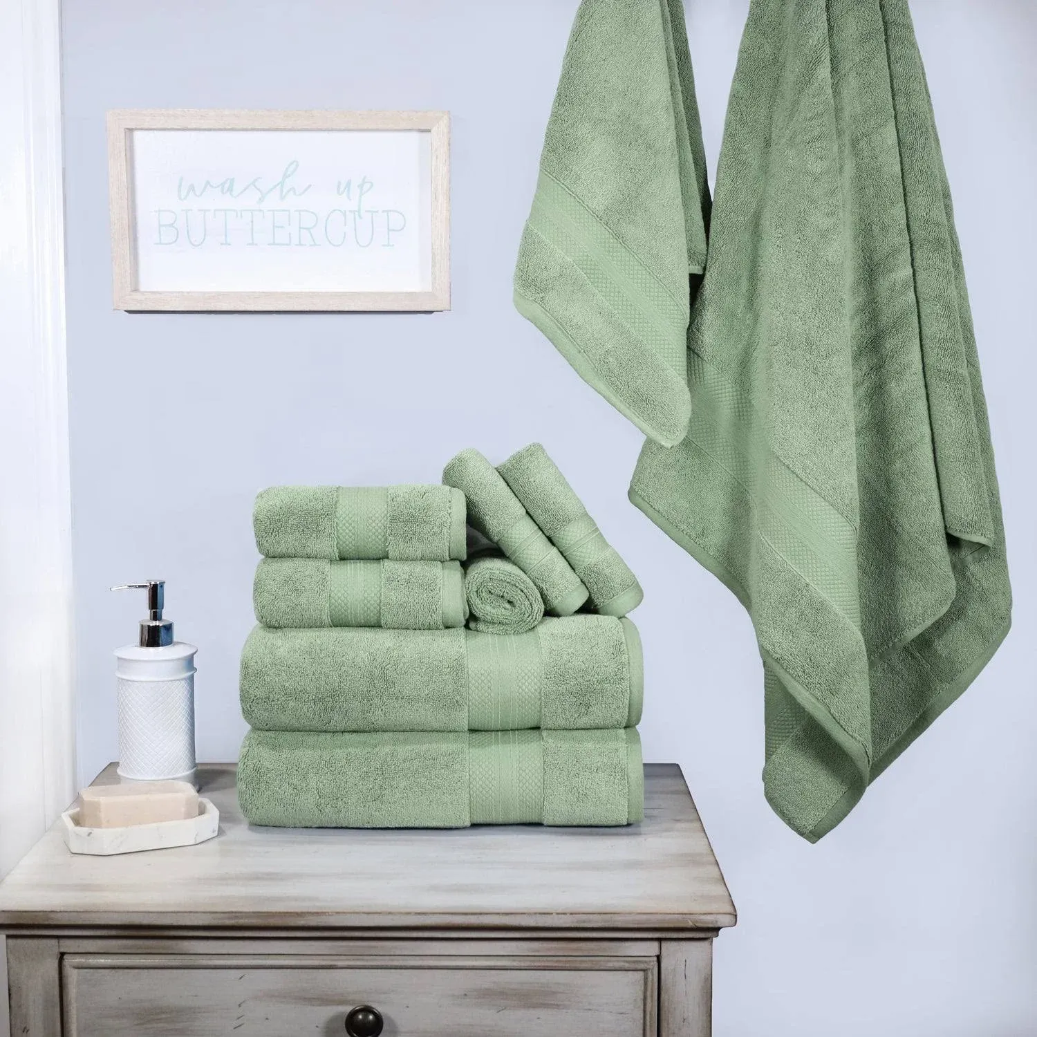 Superior Turkish Cotton 9 Piece Solid Plush Heavyweight Towel Set - Olive Green