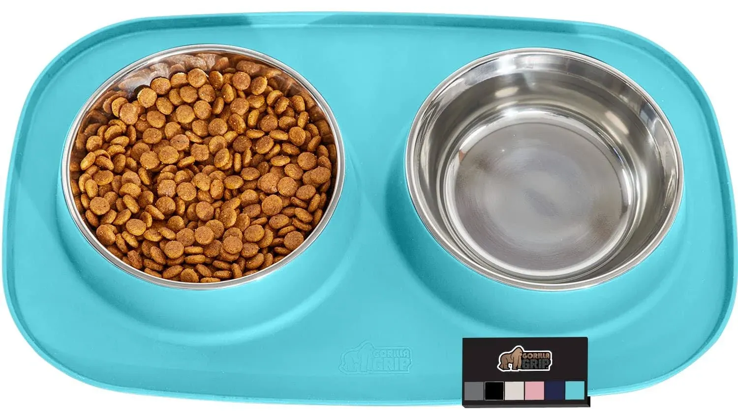 Gorilla Grip 100% Waterproof BPA Free Cat and Dog Bowls Silicone Feeding Mat Set, Stainless Steel Bowl Slip Resistant Raised Edges, Catch Water, Food Mess, No Spills, Pet Accessories, 3 Cup, Turquoise