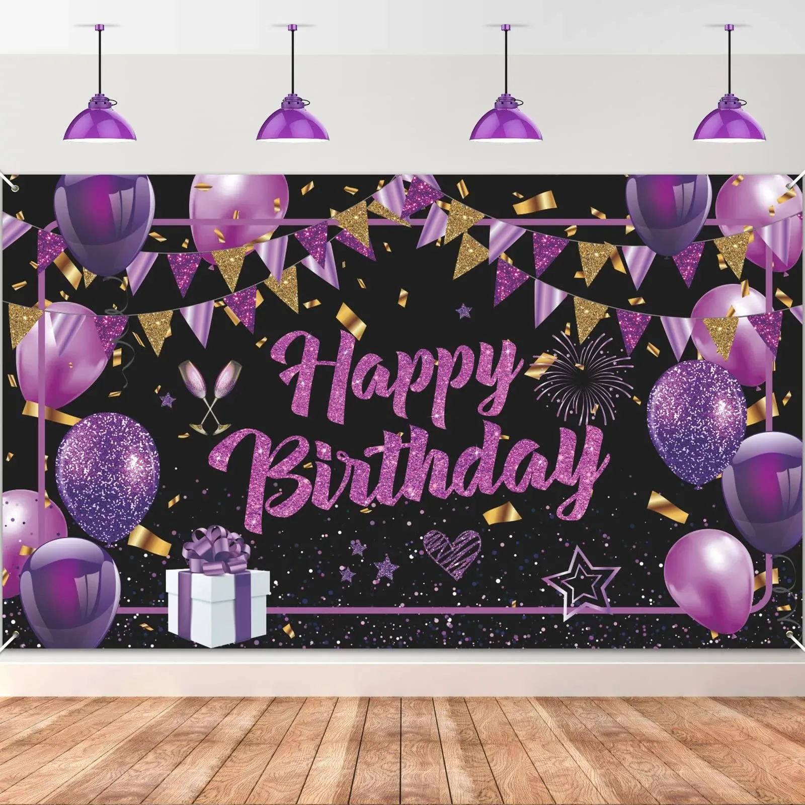 Purple Happy Birthday Banner Purple Black Gold Birthday Party Decorations Large Purple Birthday Sign