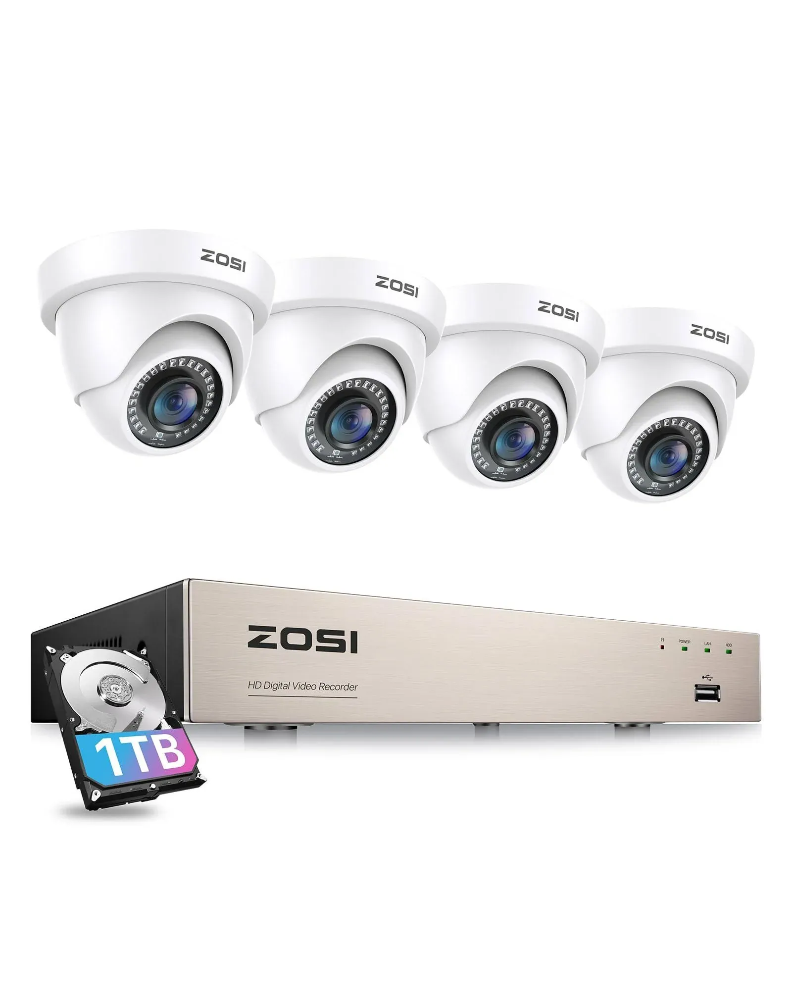 ZOSI Security Cameras System with 1TB Hard Drive,H.265+ 5MP Lite 8Channel HD-TVI DVR Recorder and 4pcs 1080p HD 1920TVL Indoor Outdoor Surveillance