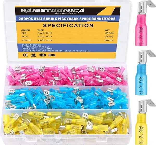 haisstronica 200PCS Heat Shrink Piggyback Spade Connectors, 22-10 AWG Piggyback Wire Connectors, Quick Disconnect Piggyback Terminals (3Colors/3Sizes)