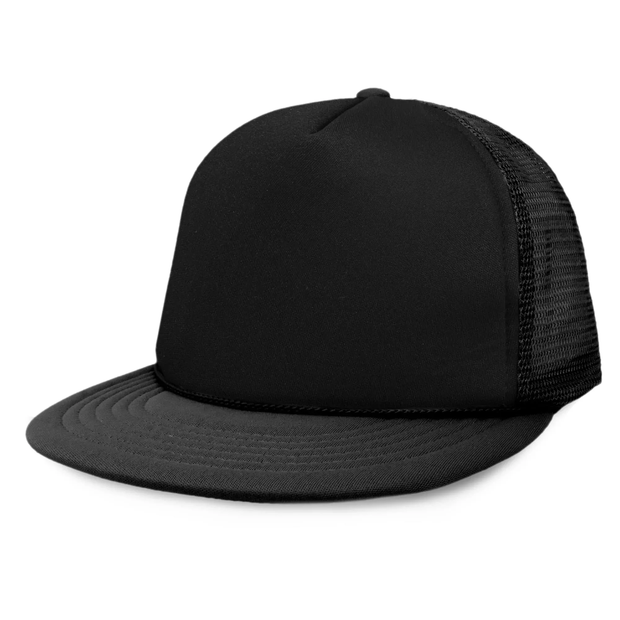 DALIX Classic Trucker Cap Flat Bill Adjustable Snapback 5 Panel Plain Hat Black