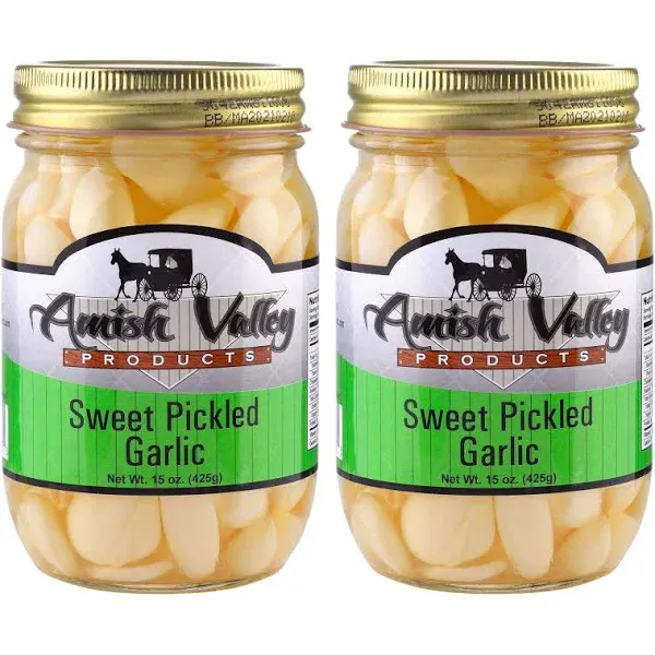 Amish Valley Products Sweet Pickled Garlic (Pack of 2 - 15  oz glass Jars )