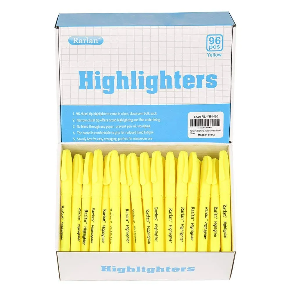 Rarlan Highlighters, Chisel Tip, Fluorescent Yellow, 96 Count Classpack 