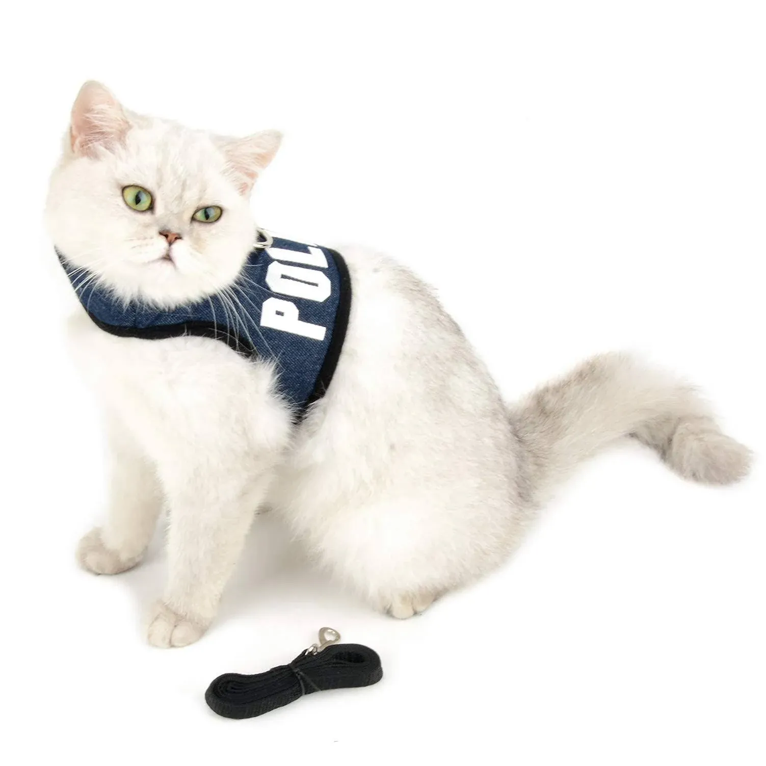 SMALLLEE_LUCKY_STORE Police Print Soft Mesh Denim Cat Harness and Leash Set for ...