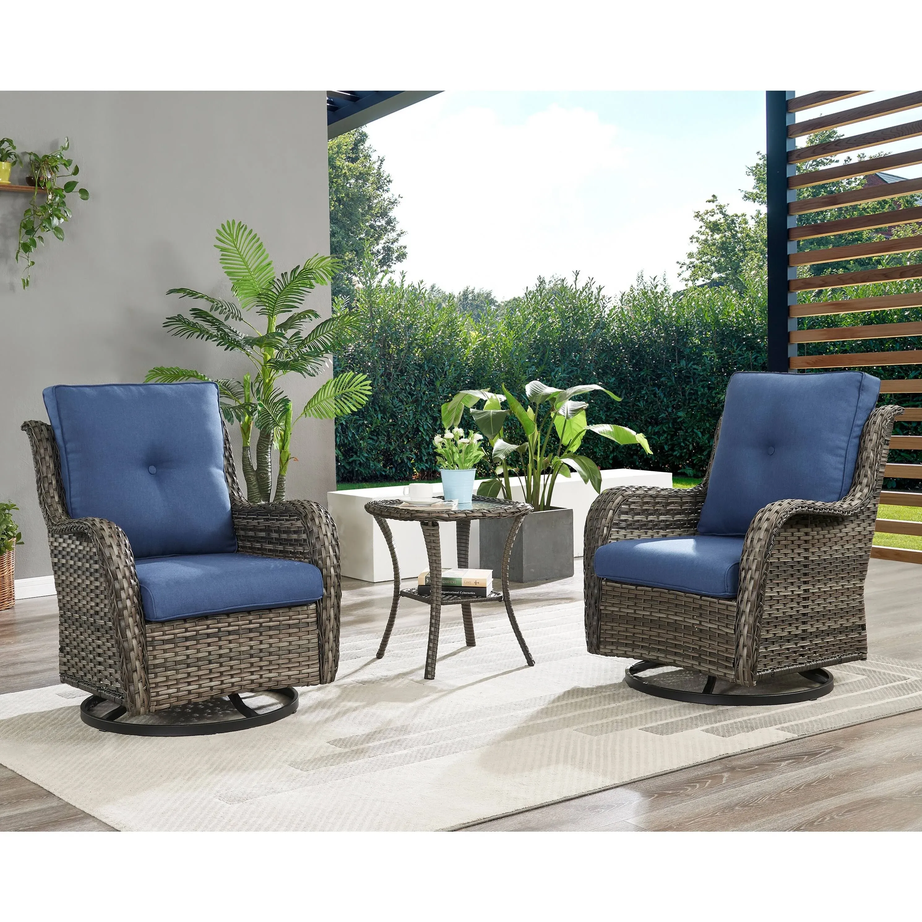 Pocassy 3-Piece Outdoor Swivel Bistro Set, Wicker Rocking Chairs - Grey/Blue