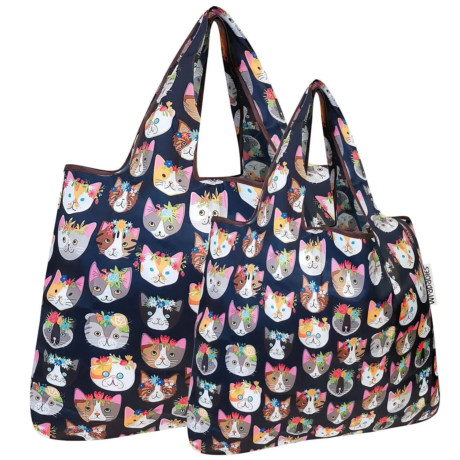 Wrapables Large & Small Foldable Tote Nylon Reusable Grocery Bags, Set of 2, Crazy Cats