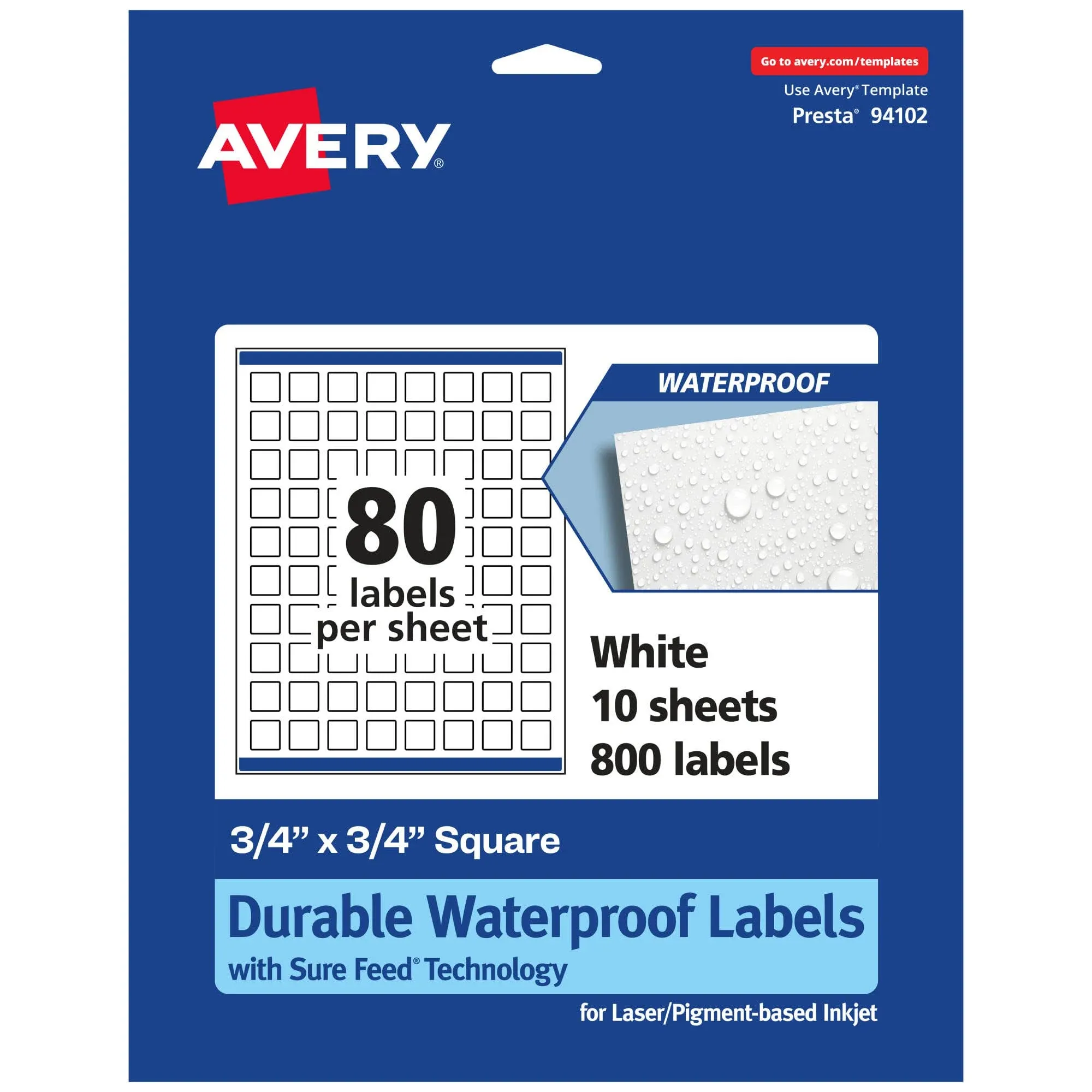 Avery Durable Waterproof Square Labels with Sure Feed, 3/4" x 3/4", 800 Oil and Tear-Resistant Waterproof Labels, Print-to-The-Edge, Laser/Pigment-Based Inkjet Printable Labels