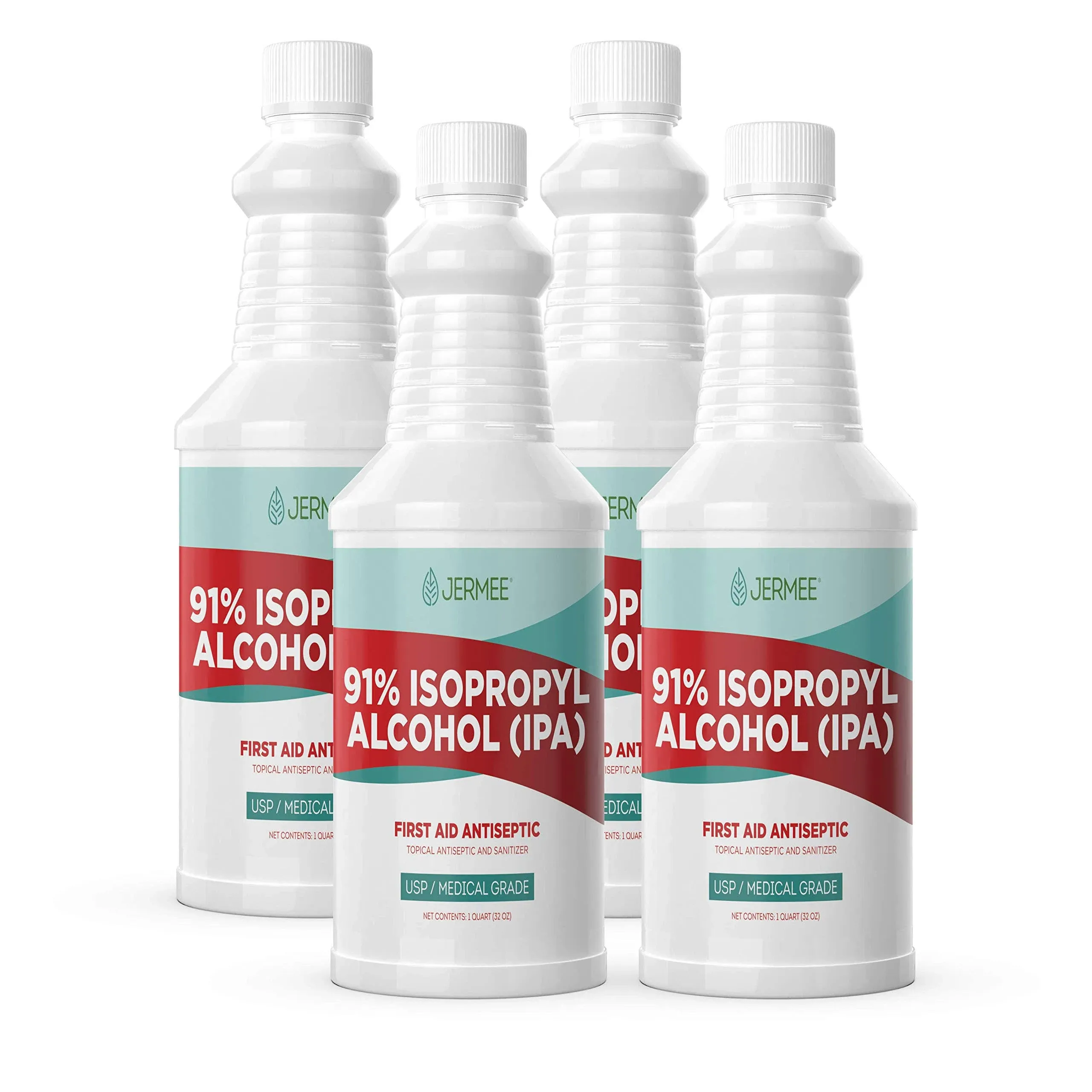 Jermee Isopropyl Alcohol (IPA) 91% Purity - USP/Medical Grade - First Aid Antiseptic, Topical Rubbing Alcohol, Made in The USA, 32 Ounce, 4 Bottles