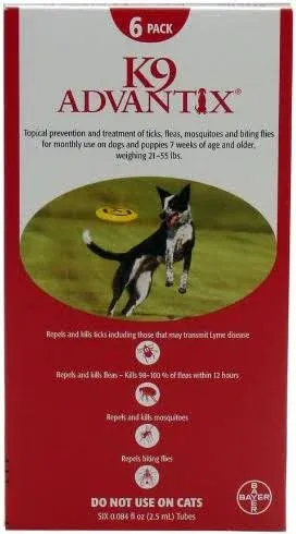 K9 Advantix II, For Large Dogs 21 - 55 lbs, Red - 6 Month Supply