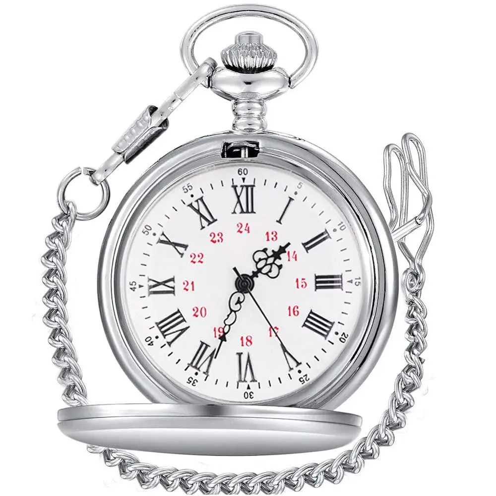 Tiong Smooth Vintage Pocket Watch with Chain Roman Numerals Scale(Silver)