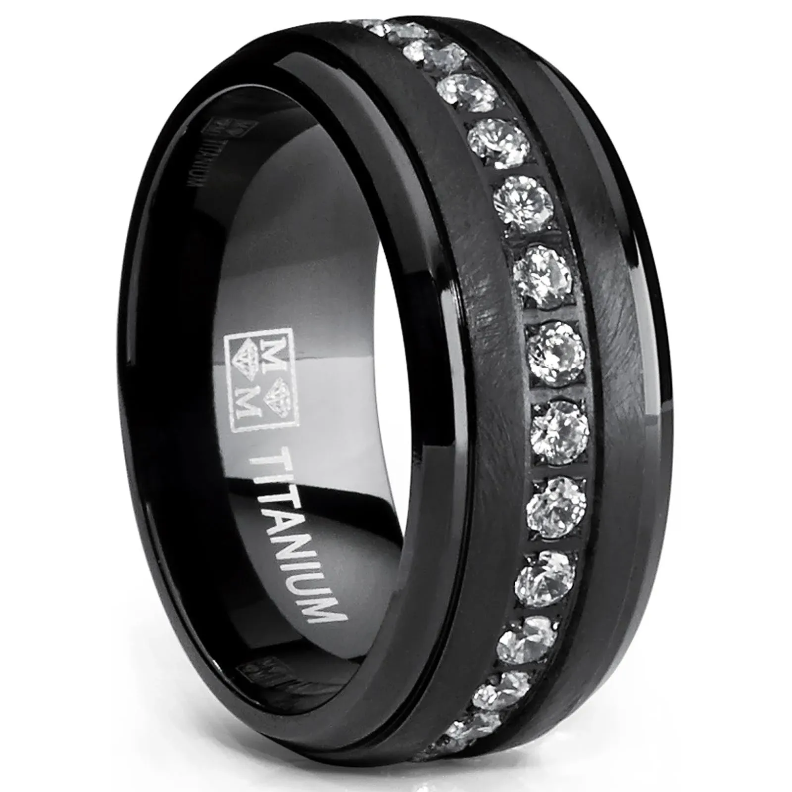 Metal Masters Black Titanium Men's Eternity Wedding Band Ring with Clear Round ...