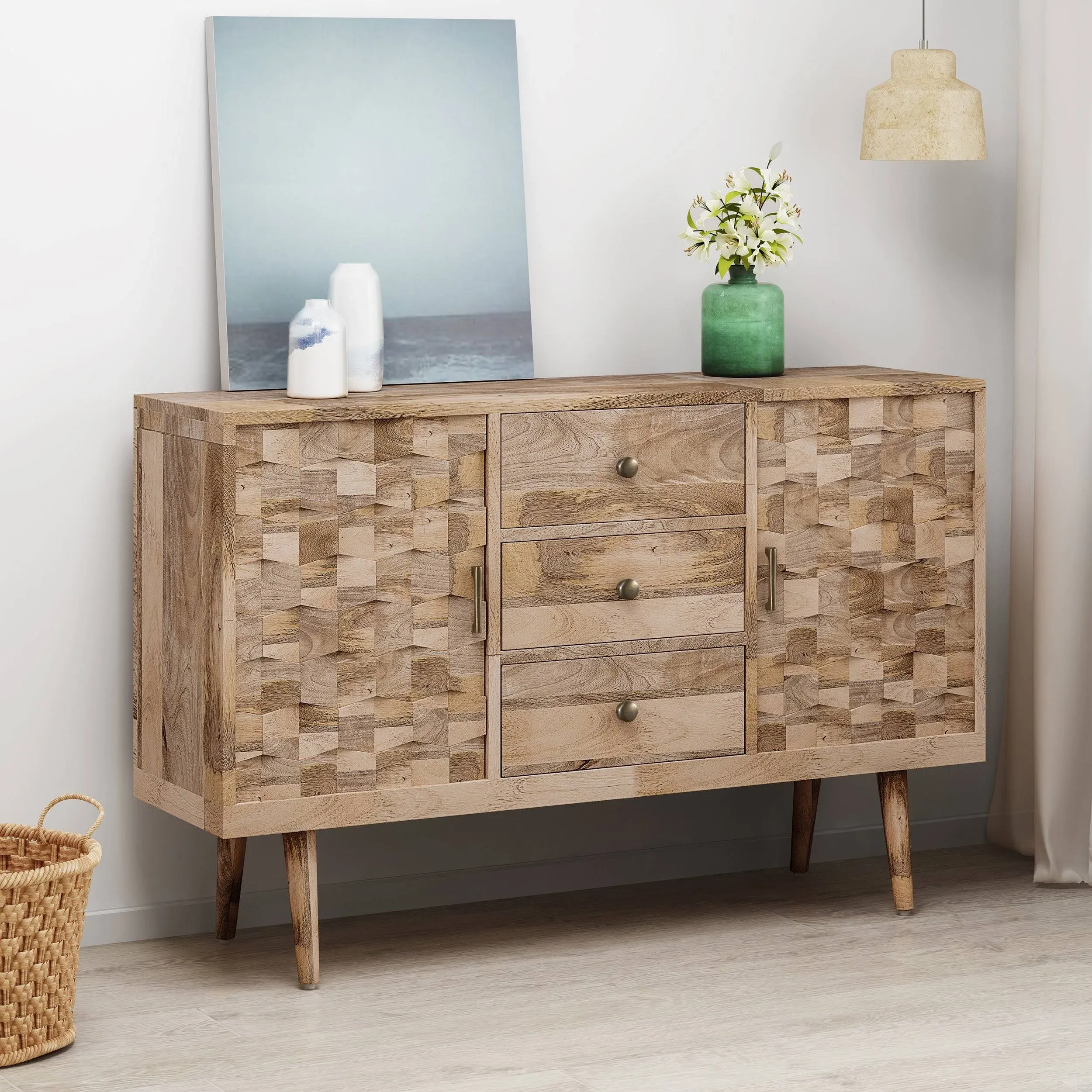 GDFStudio Zona Mid-Century Modern Mango Wood 3 Drawer Sideboard with 2 Doors