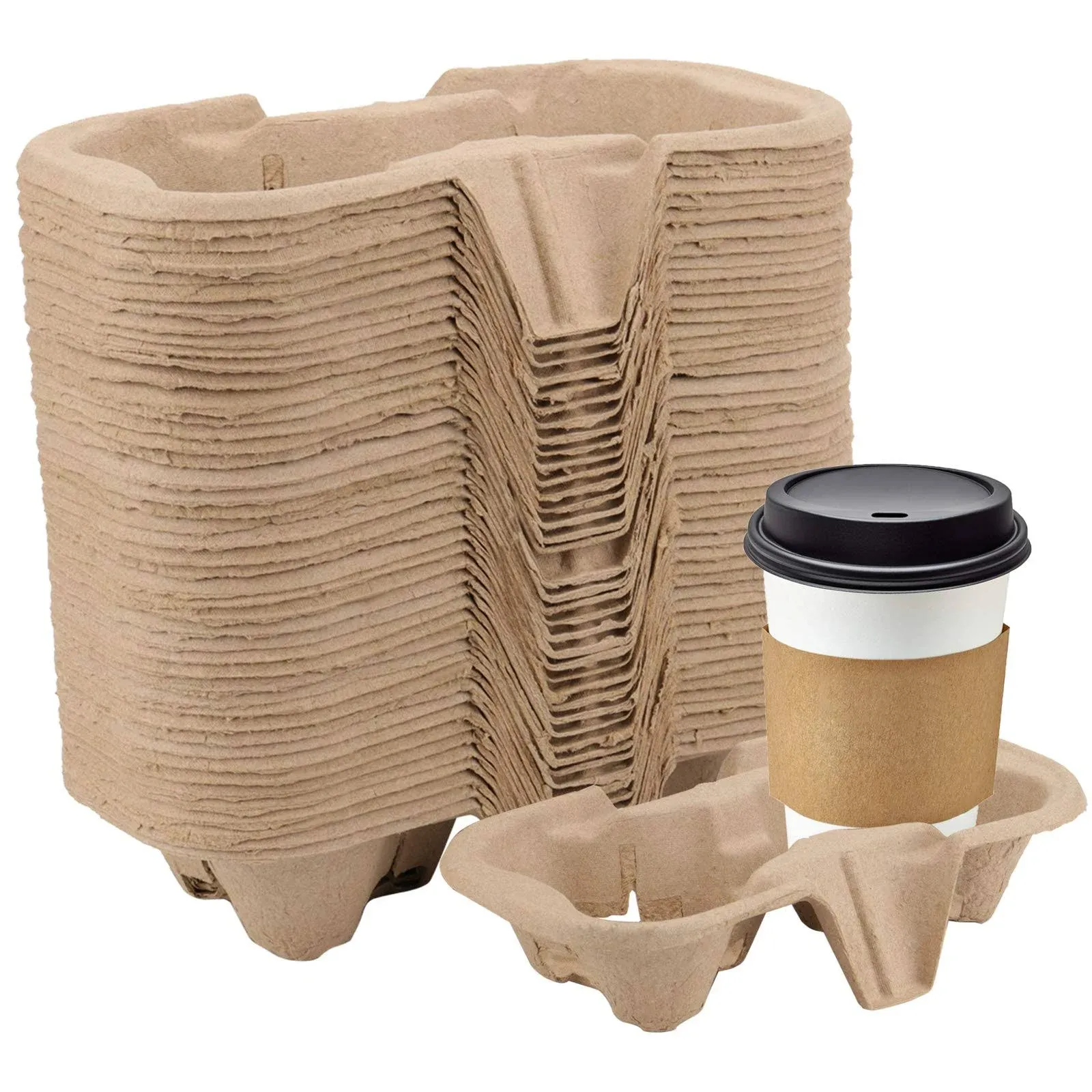 HOZEON 100 Pack 2-Cup Pulp Fiber Drink Carrier, to Go Coffee Cup Holder, Disposable Drink Carrier Tray for Hot or Cold Drinks, Coffee Shops, Takeaway Shops, Restaurants,Grocery Stores, Juice Bars