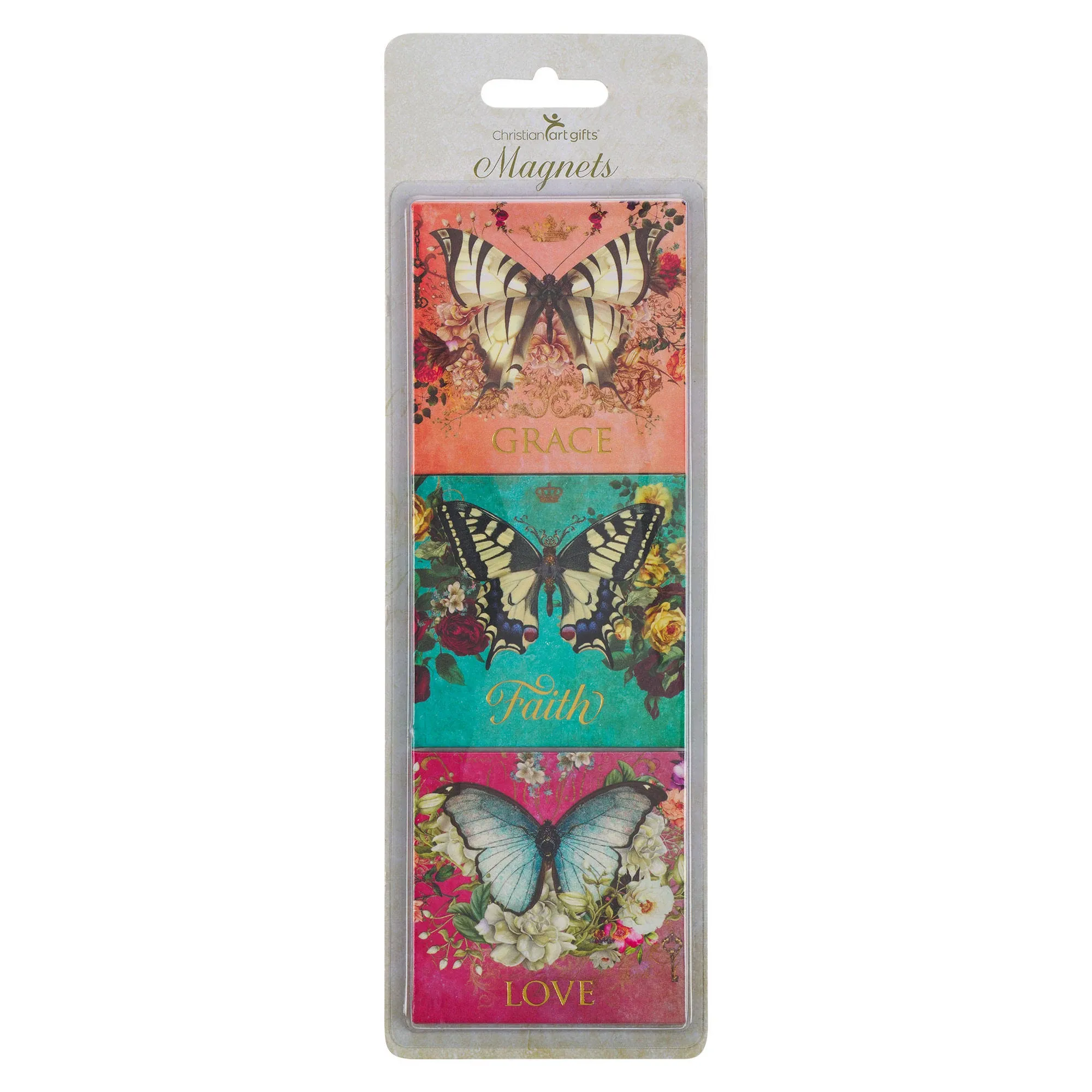 Christian Art Gifts Decorative Inspirational Colorful Butterfly 3 Piece Refrigerator Magnet Set for Women: Grace, Hope & Love - Encouraging Scripture for Home & Kitchen, Orange, Teal, Pink Multicolor