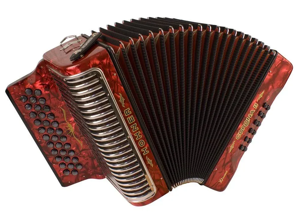 Hohner Button Accordion Corona II Xtreme GCF, with Gig Bag and Straps, Pearl Red