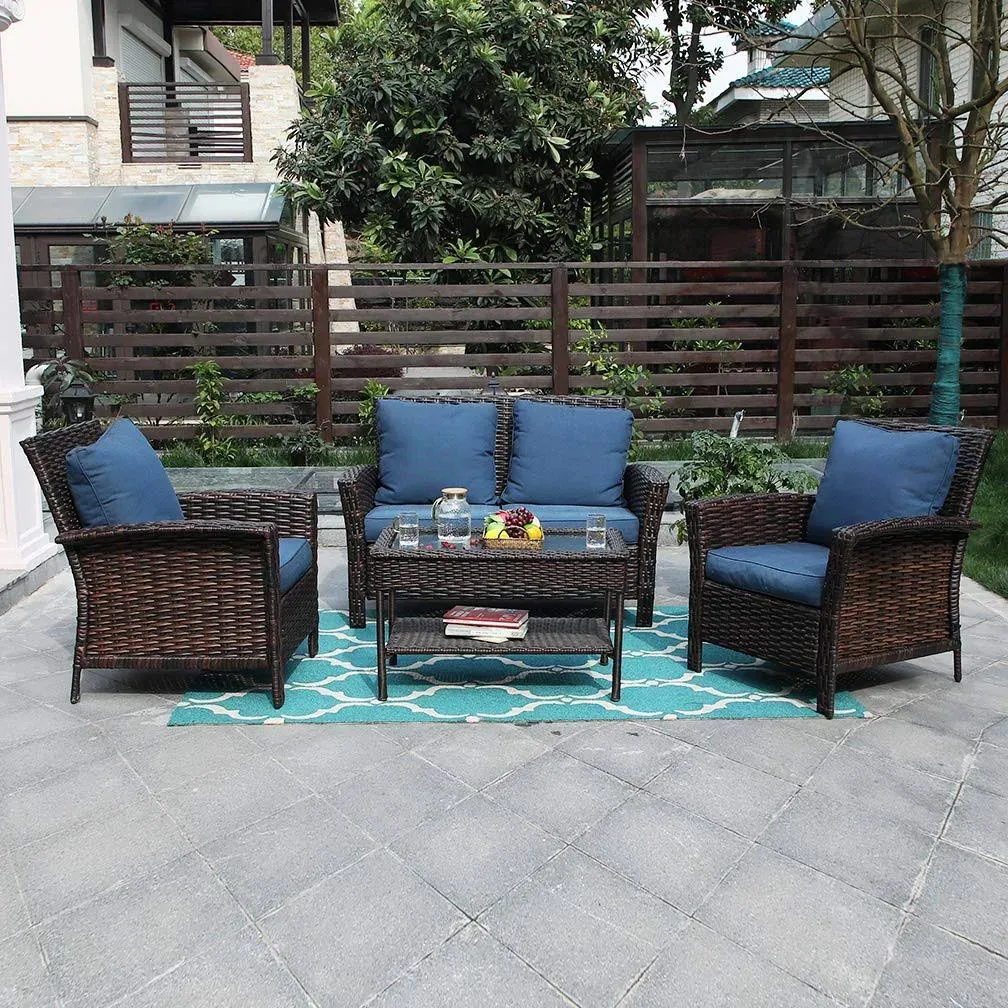 PHI VILLA Outdoor Rattan Patio Furniture Set Clearance 4 Piece Conversation Set Wicker Furniture Sof