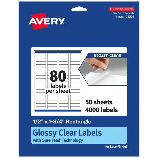 Avery Glossy Clear Rectangle Labels with Sure Feed .5&#034; x 1.75&#034; 4000 Glossy Cl...