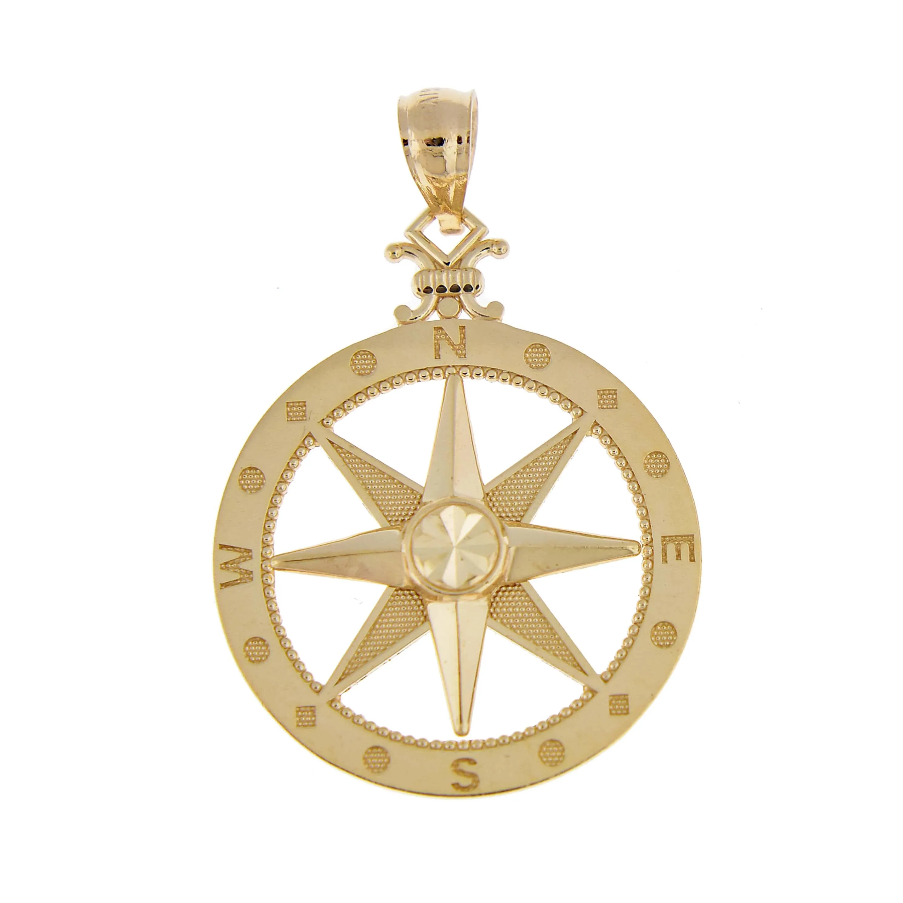 14K Yellow Gold Diamond-Cut Polished and Satin Compass Pendant