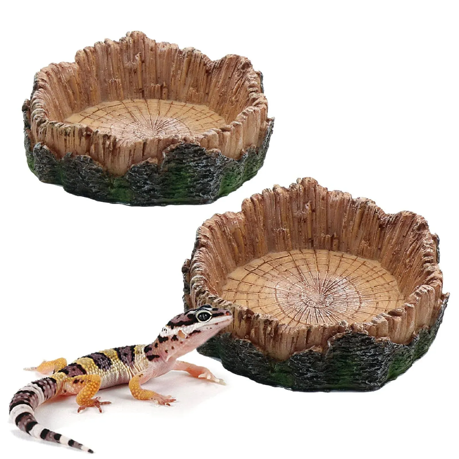 relaqcc Reptile Water Dish Food Bowls, 2 Pcs Artificial Tree Trunk Reptile Tank ...