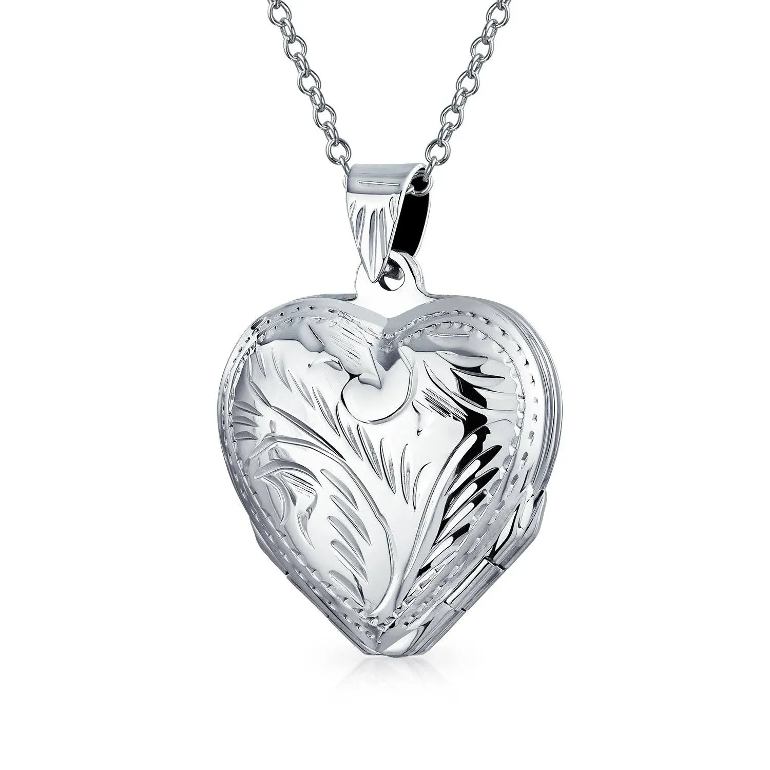 Vintage Style Simple Plain Traditional Keepsake Domed Puff Carved Leaf Heart Shaped Photo Locket for Women Teens Holds Photos Pictures .925 Silver Necklace Pendant Medium Large