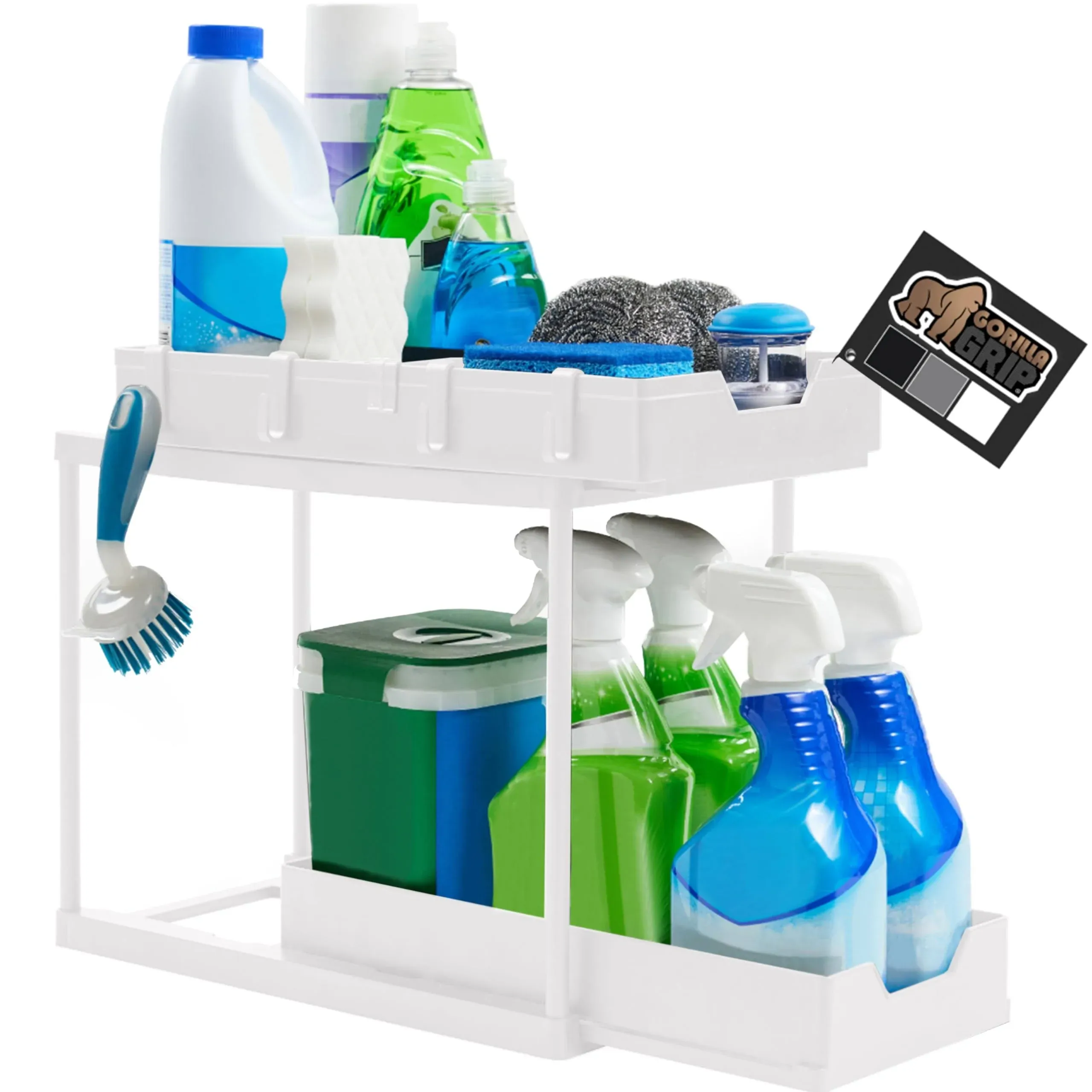 Gorilla Grip 2 Tier Under Sink Organizer, Pull Out Cabinet Organizers with Hooks ...