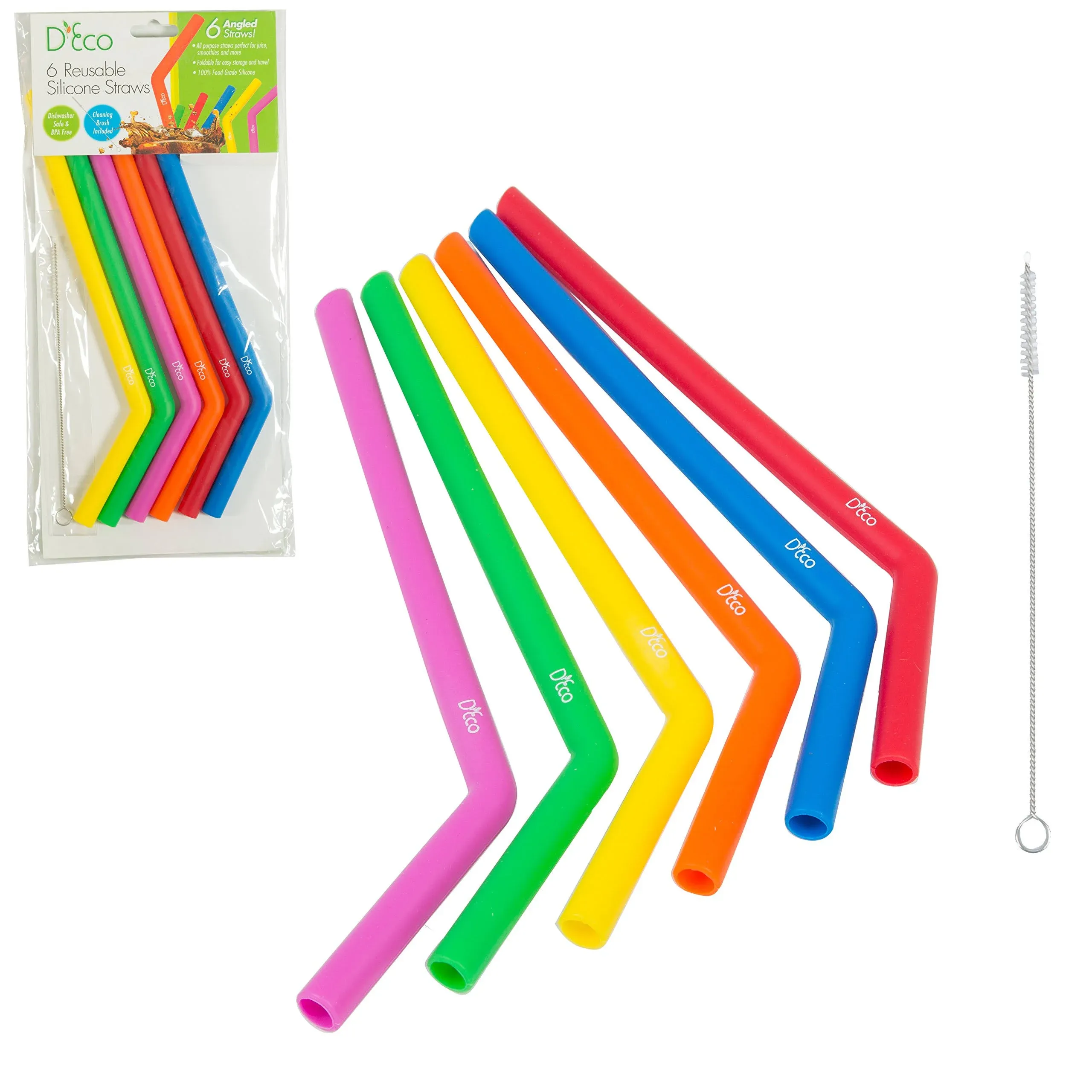 6 Pack Rainbow Reusable Silicone Drinking Straws, BPA Free, Large