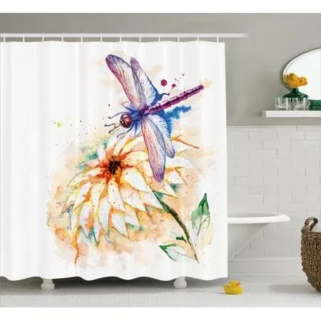 Dragonfly Shower Curtain, Watercolor Stylized Lily Flower and Flying Bug Over It ...