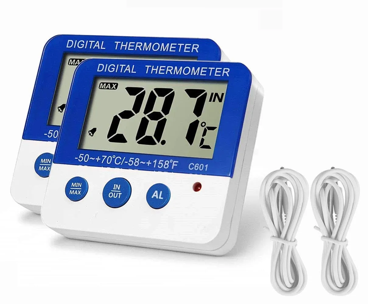 2 Electronic Digital Thermometers ℃/℉ LED Home in/Out Temperature Freezer Alarm