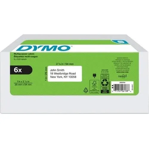 Dymo LW Multipurpose Labels, 1" x 2.13", White, 500/Roll, 6 Rolls/Pack