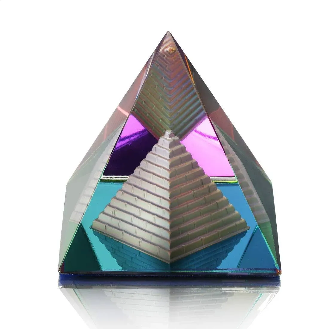 QFkris Crystal Pyramid Figurine Collectible, Rainbow Color Prism Desk Ornament Glass Paperweight with Gift Box for Decoration