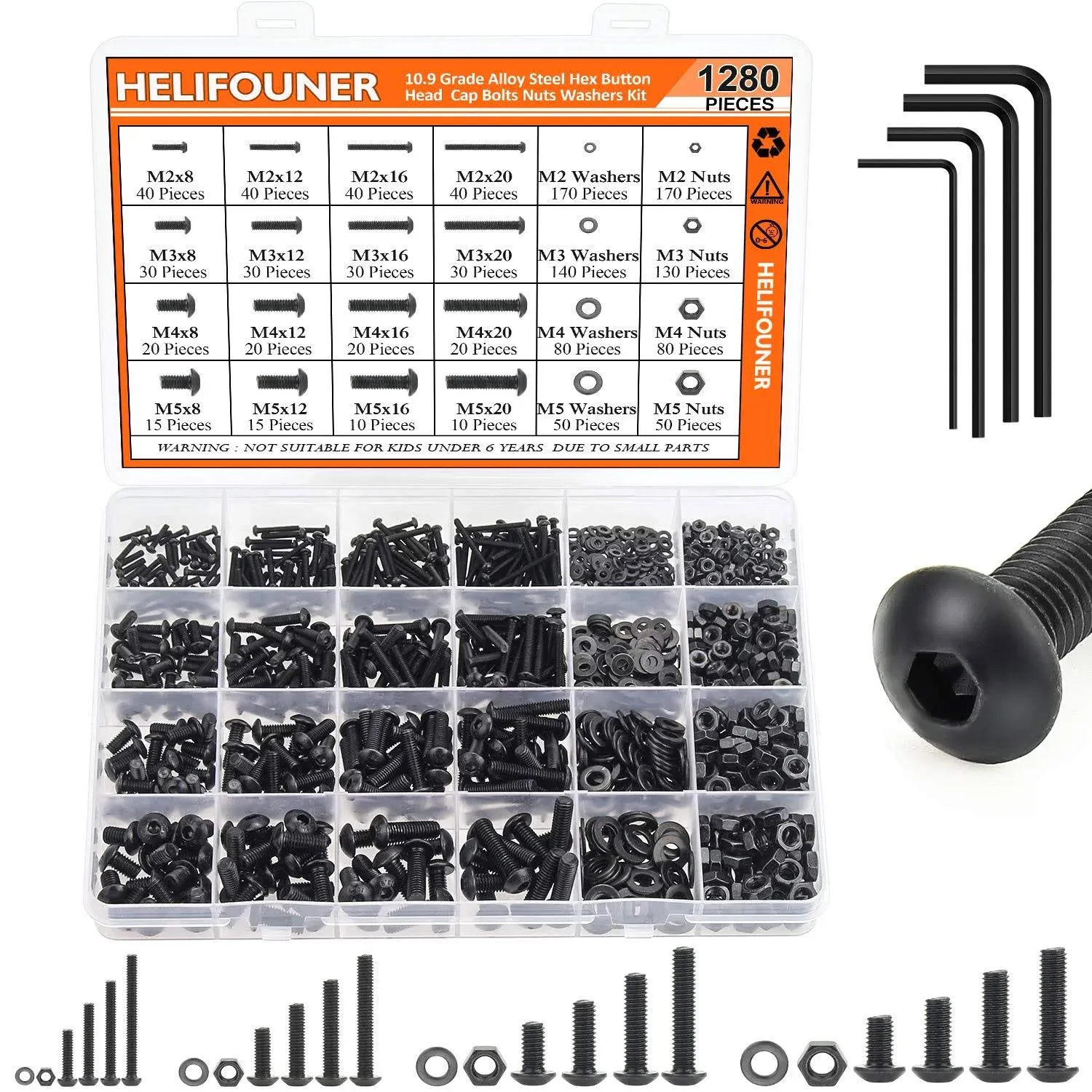 HELIFOUNER 1280 Pieces Button Head Socket Cap Screw Bolts, Flat Washers and Nuts ...