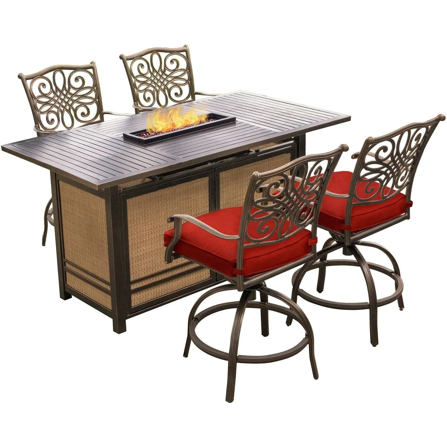 Hanover Traditions 5-Piece High-Dining Set in Red with 4 Tall Swivel Chairs and A 30,000 BTU Fire Pit Dining Table