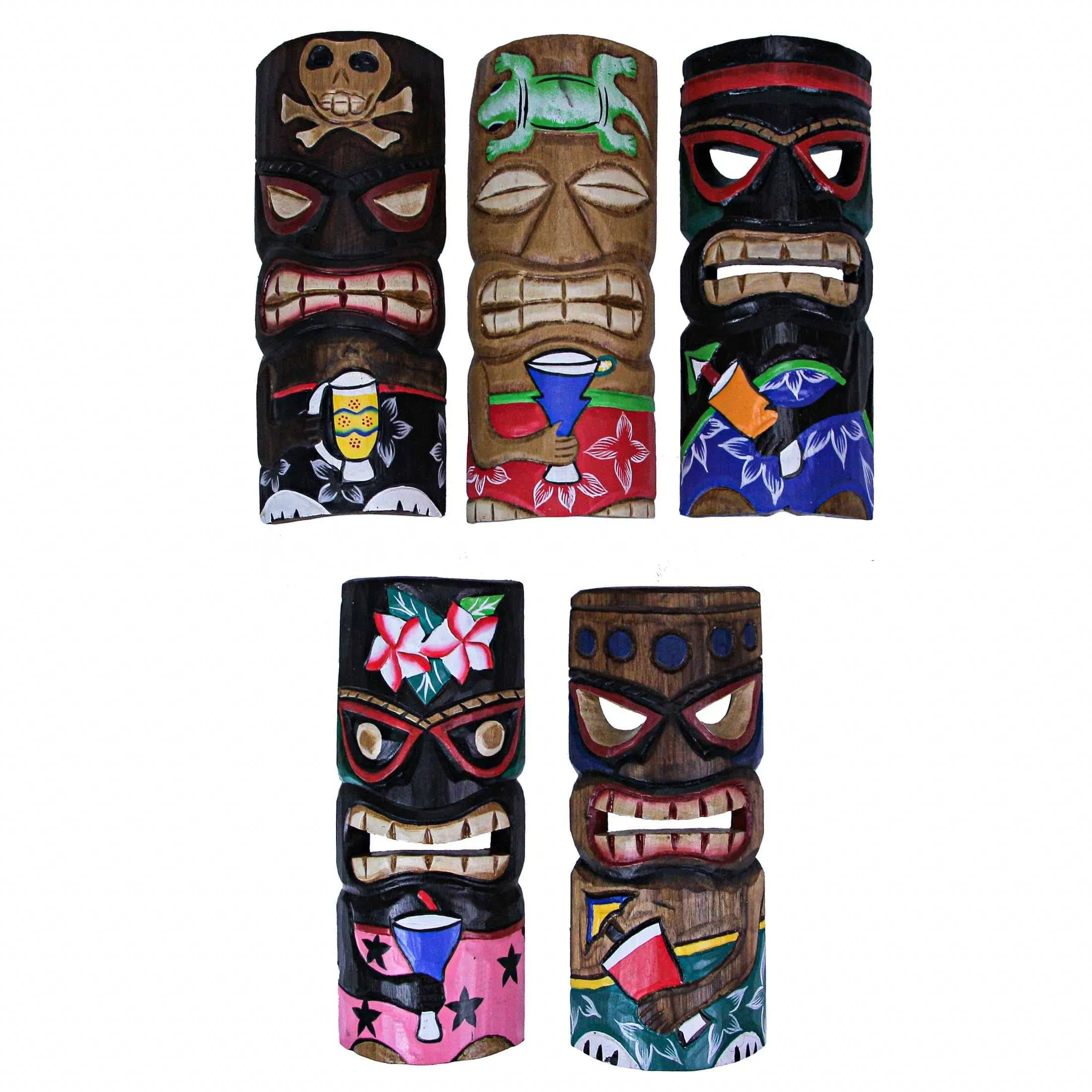 Set of 5 Polynesian Style Wooden Tiki Masks 12 Inch