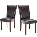 COLAMY Upholstered Parsons Dining Chairs Set of 2, PU Leather Dining Room Kitchen Side Chair with Nailhead Trim and Wood Legs - Dark Brown