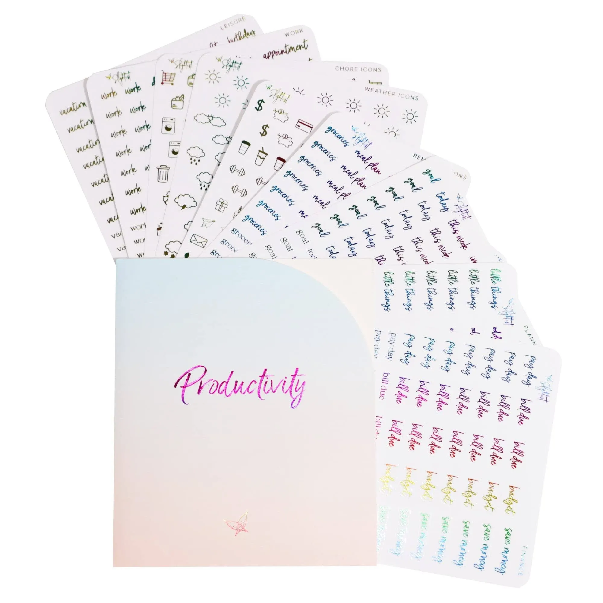 Productivity - Rainbow Clear Foil Planner Stickers - Functional - Icons - Words - Over 600 Stickers - Folder Included - Minimal