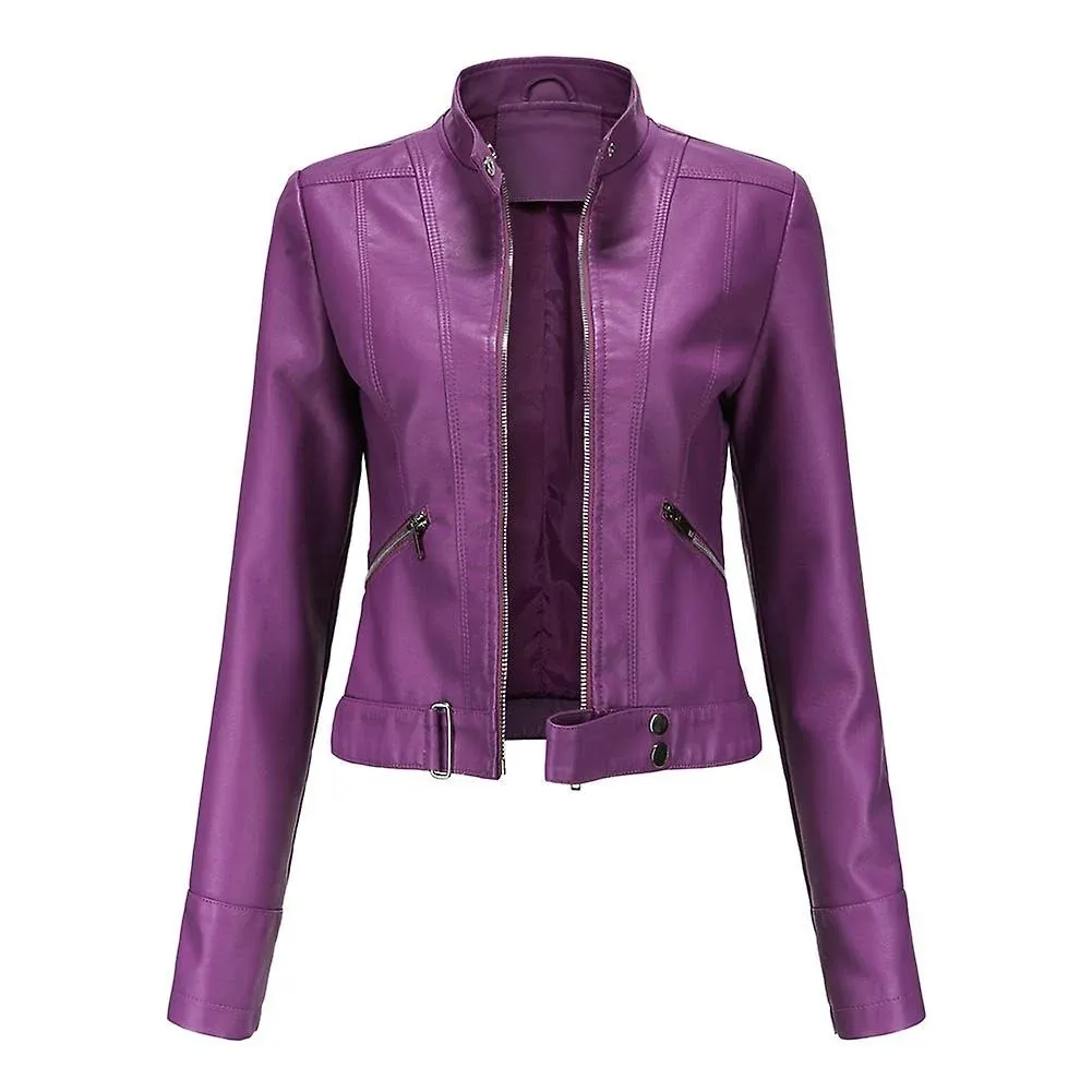 Yynuda Womens Cropped Slim Fit Solid Zip Stand Collar Leather Jacket Purple M