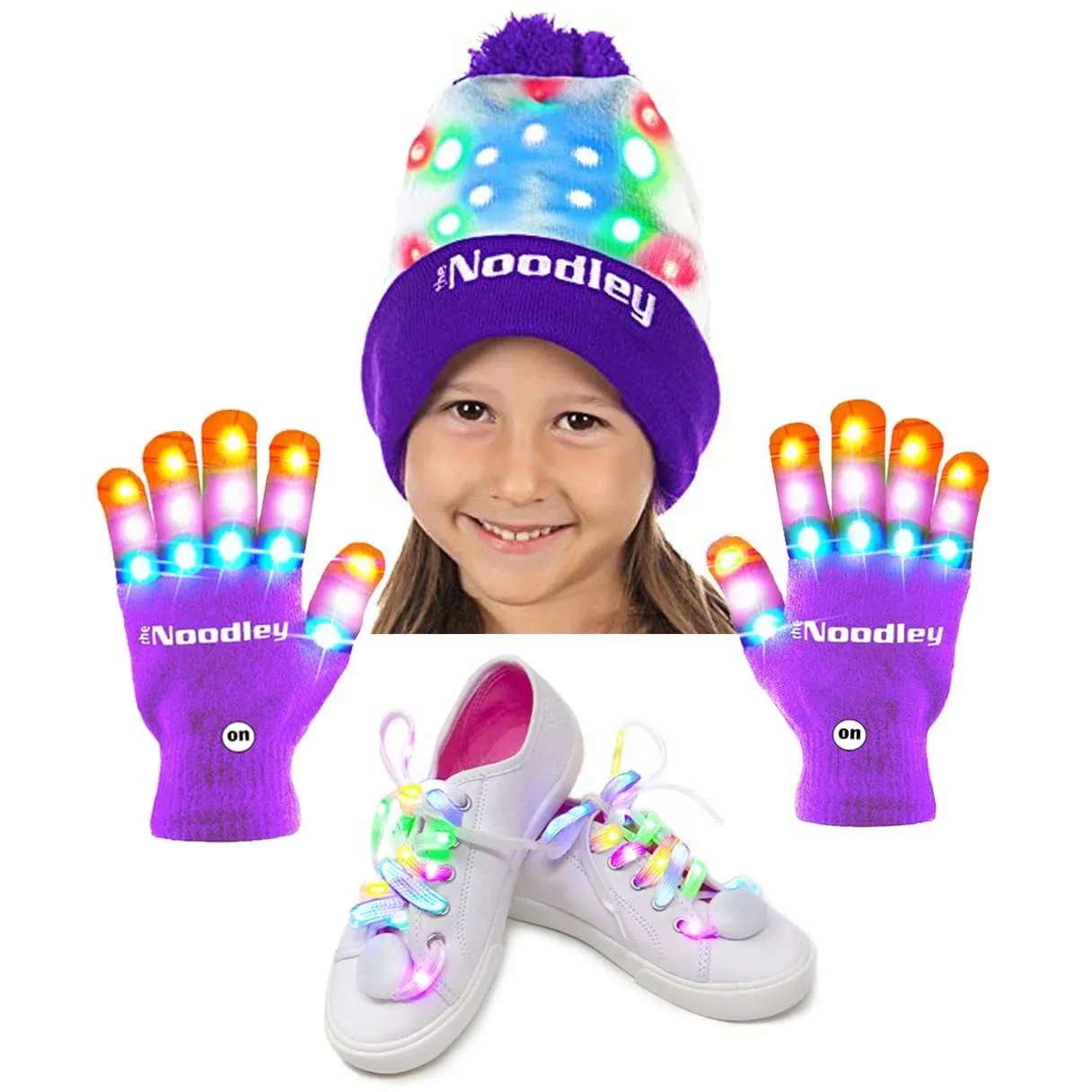 The Noodley Purple LED Gloves, Light Up Shoe Laces and Lighted Beanie Pom Hat ...