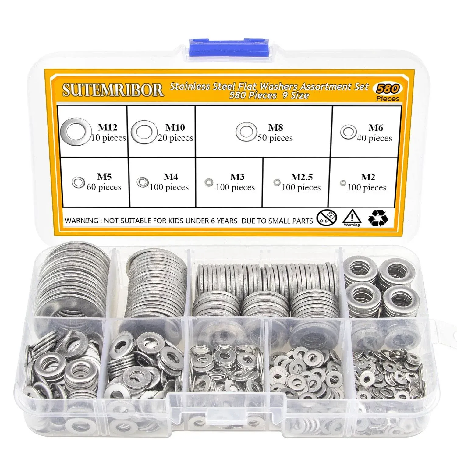 Sutemribor 304 Stainless Steel Flat Washers Set 580 Pieces, 9 Sizes - M2 M2.5 M3 ...